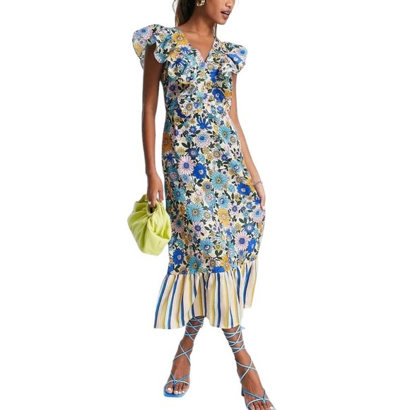 NEW - TOPSHOP Mix and Match Stripe and Floral Retro Midi Dress in Multi - Size 2 - Picture 12 of 16